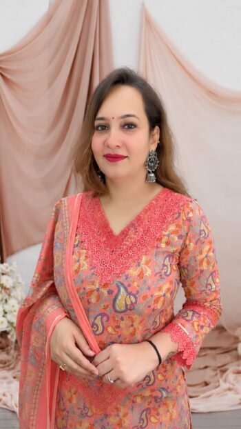 Elegant Coral Peach Paisley Printed Straight Kurta with Matching Palazzo and Traditional Dupatta for Women - Richa's Fashion
