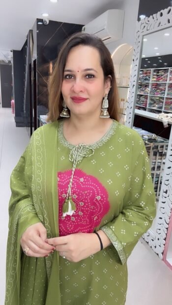 Olive Green Bandhani Printed Straight Kurta Pant Set with Matching Dupatta For Women - Richa's Fashion