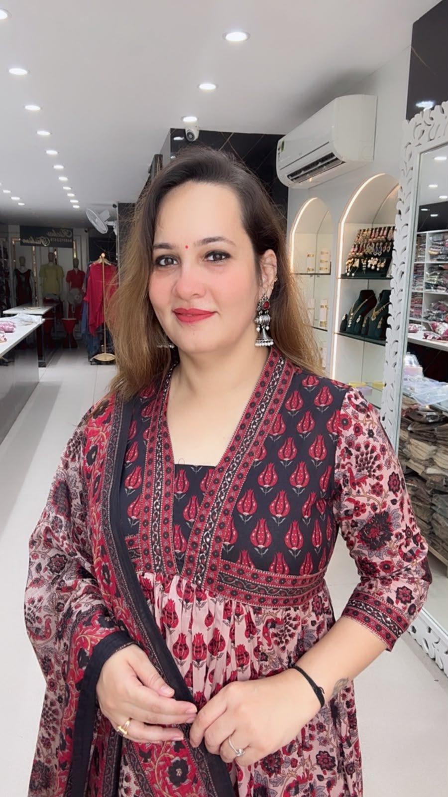 Maroon & Black Cotton Printed Flared Anarkali Kurta Pants Set with Matching Dupatta For Women - Richa's Fashion Maroon & Black Cotton Printed Flared Anarkali Kurta Pants Set with Matching Dupatta For Women - Richa's Fashion
