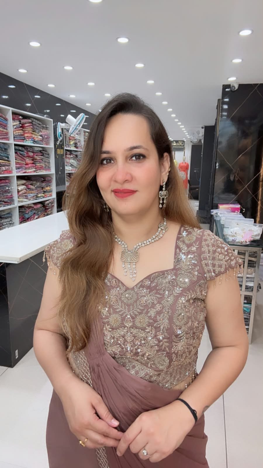 Elegant Embroidered Chinon Drape Saree with Sequin Blouse & Delicate Border Detailing - Richa's Fashion Elegant Embroidered Chinon Drape Saree with Sequin Blouse & Delicate Border Detailing - Richa's Fashion