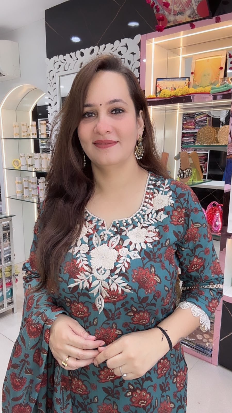 Elegant Teal Blue Floral Printed Straight Kurta Pant Set with Embroidered Neckline, Floral Border & Matching Printed Dupatta for Women - Richa's Fashion Elegant Teal Blue Floral Printed Straight Kurta Pant Set with Embroidered Neckline, Floral Border & Matching Printed Dupatta for Women - Richa's Fashion