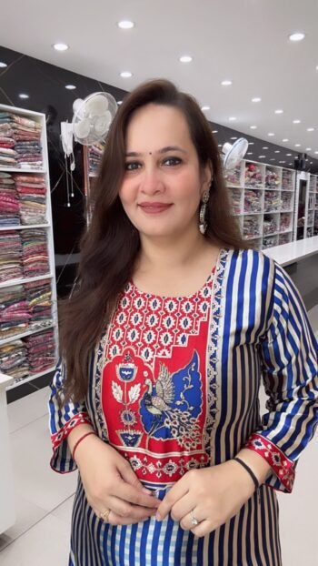 Blue & White Striped Printed Straight Kurta with Pant Set For Women - Richa's Fashion